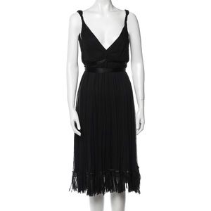 Rebecca Taylor Silk Deep-V midi dress with fringed bottom